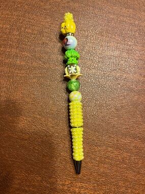 Handmade Yellow Beaded Charm Pen with Green Accents